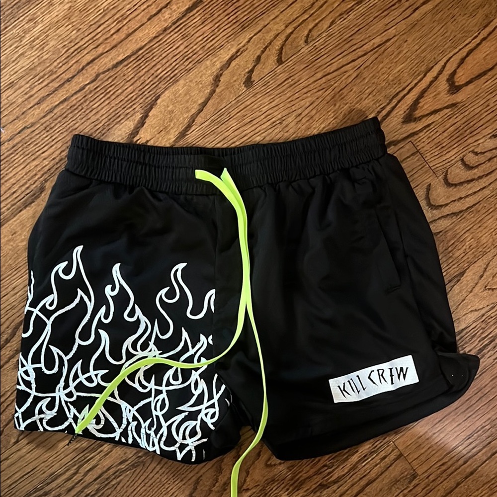 Kill Crew Black Shorts with White Flames and Neon Green Accents